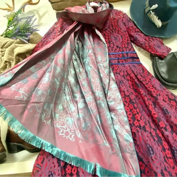 โจ Enchanting SILK Pink and Teal SCARF/body wrap w Gypsy southwestern vibe - Picture 7 of 16
